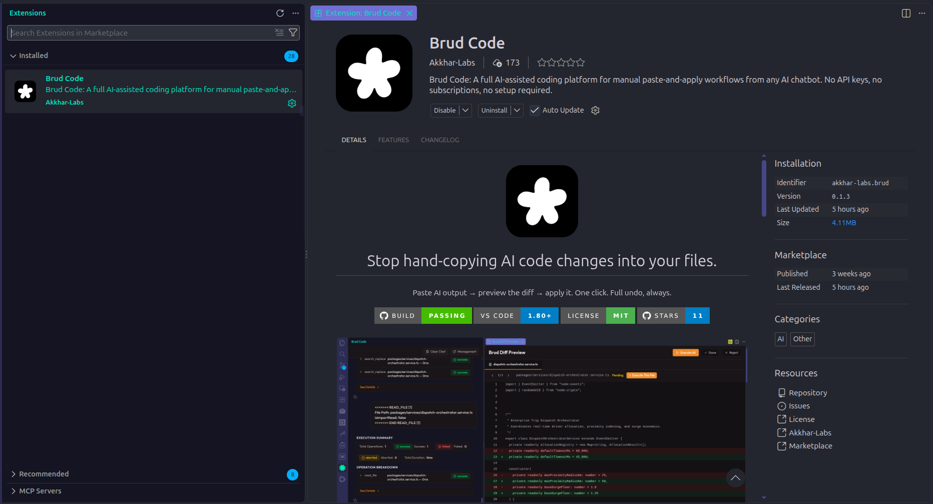 The Brud Code page in the VS Code Extensions marketplace, published by Akkhar-Labs.